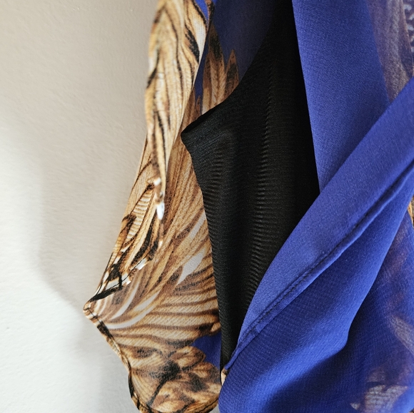 Nicole Miller size 10 black bodycon, scarfprint blue/ gold top dress. - Picture 8 of 9